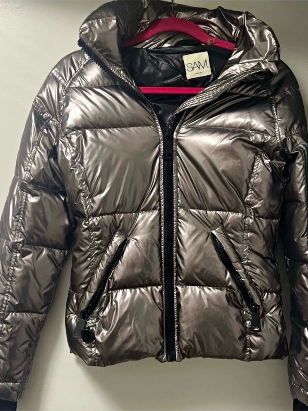 SAM. Metallic Silver Quilted Puffer Jacket with Hood